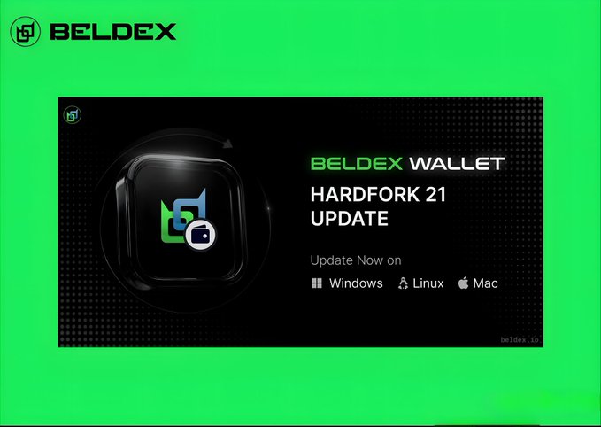An announcement graphic for a 'BELDEX WALLET HARDFORK 21 UPDATE', available on Windows, Linux, and Mac, set against a bright green background.