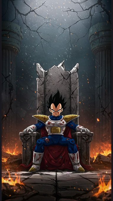 Vegeta from Dragon Ball Z sits on a cracked stone throne in his Saiyan armor, surrounded by a dark, fiery environment with crumbling pillars.