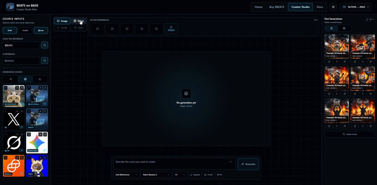 The image shows a computer screen displaying a website called "Base.com". The website has a black background with white text, and there are several images of cats scattered across the page. The main focus of the image is a picture of a cat that says "Happy Horse" on it. This image is located in the upper right corner of the webpage. The post about the creator studio and app agent also includes an image of a cat with the text "Focus on what is in the image and how it relates to the post".