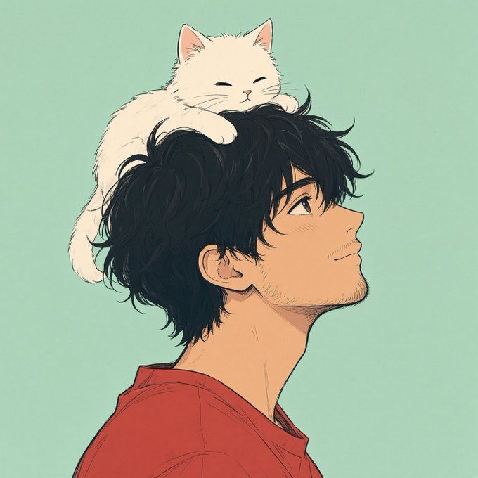 An anime-style illustration of a young man with messy black hair looking to the side, with a small white cat sleeping peacefully on top of his head.