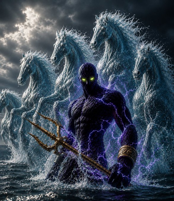 A dark, muscular figure with glowing green eyes emerges from turbulent ocean waters wielding a golden trident, surrounded by spectral white sea horses and crackling purple lightning under a stormy sky.