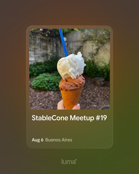 A promotional graphic for "StableCone Meetup #19" on Aug 6 in Buenos Aires, featuring an image of a hand holding an ice cream cone with a blue straw against a blurred outdoor background.