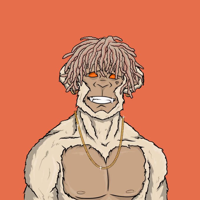 A digital illustration depicts a character with pink dreadlocks, glowing orange eyes, and a muscular physique wearing a gold chain, set against an orange background.