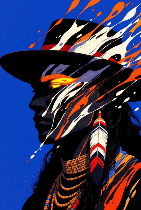 A stylized digital artwork of a Native American figure in profile against a bright blue background, wearing a black hat with a feather and beaded necklaces, with dynamic orange, white, and red paint splashes emanating from the figure.