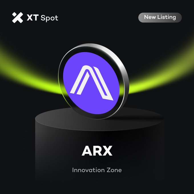 A sleek promotional graphic for XT.com featuring the newly listed $ARX (Arcium) token, displayed as a purple metallic coin with the project's "A" logo on a black pedestal, accompanied by the "XT Spot" branding, a "New Listing" badge, and "ARX / Innovation Zone" text to highlight its debut in the platform's Innovation Zone.
