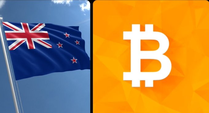 The image is split into two sections: on the left, the New Zealand flag waves against a blue sky, and on the right, the iconic white Bitcoin "₿" logo is displayed on a bright orange background—visually symbolizing the proposed crypto tax overhaul by New Zealand's ACT Party, which aims to eliminate taxes on Bitcoin gains held over 12 months.