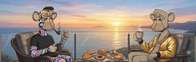 Bored Ape Yacht Club-style NFT artwork depicting two cartoon apes sitting at a table with pastries and coffee, watching a sunset over the ocean.