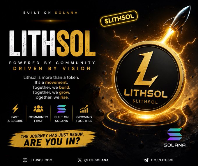 Promotional banner for LITHSOL ($LITHSOL), a cryptocurrency built on the Solana blockchain, featuring a gold coin with a rocket launch and the text 'POWERED BY COMMUNITY, DRIVEN BY VISION' along with social handles @LITHSOLANA.
