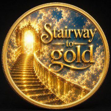 The image features a gold coin with an illustration of a staircase leading up to a golden door or archway. The words "Stairway to Gold" are written above the staircase, and the phrase "For you, your children, and the generations to come." is below it. The background of the image is black, which contrasts with the gold color of the coin and makes the text stand out.