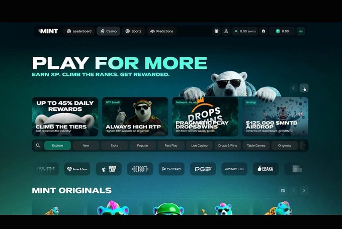 The homepage of the Mint crypto casino website, featuring a polar bear mascot and various promotional banners including 'DROPS FRAGMENTS WIN $100,000 EVERY WEEK' and '$125,000 $MNTO AIRDROP'.