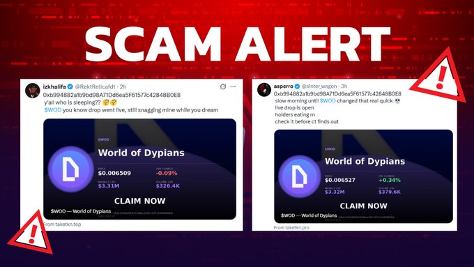 The image shows two posts about a scam alert for World of Dypians. One post has a screenshot of a fake drop claim that appears to be from the scammers, while the other post provides information about the scam and warns people not to fall for such schemes. The posts are displayed on a purple background with red text, making them stand out against each other.