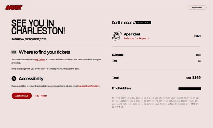 Ticket confirmation page for an ApeFest event in Charleston on Saturday, October 17, 2026, with a $169 Refundable Deposit ticket purchase.