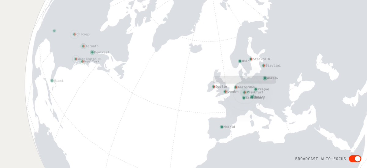 This image shows a map of Europe with various cities highlighted in different colors. The map includes names and descriptions for each city as well as the locations they are situated near on Earth, such as the Atlantic Ocean. One notable fact about this map is that it uses DoubleZero EDGE technology to broadcast information to its users over the internet. This means that when the map hits the network's data path, it results in an increase in latency for each hop along the route. Users would not be able to predict how long their connection time might take, as every hop adds a certain amount of delay before reaching the final destination on Earth.