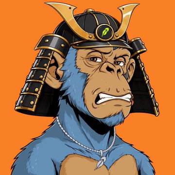 An illustration of a blue ape character wearing a samurai helmet and a shark tooth necklace against an orange background.