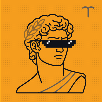 A minimalist line drawing on an orange background depicting a classical bust (resembling Greek/Roman sculpture) wearing pixelated 'deal with it' sunglasses, with a small 'T' logo in the top right corner.