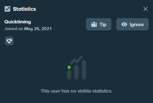 The image shows a statistics popup for the user "Quicktiming" who joined on May 26, 2021, displaying the message "This user has no visible statistics." This relates to the post by @QuickTmVIP offering a tip to a follower, likely showcasing their own Stats page as part of the call to action.