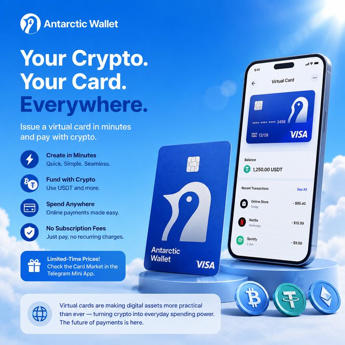 An advertisement for 'Antarctic Wallet' promoting a virtual Visa card with the tagline 'Your Crypto. Your Card. Everywhere.' featuring a blue card with a penguin logo, a phone displaying a balance of 1,250.00 USDT, and references to BTC and Tether.