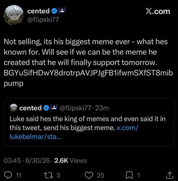 A screenshot of a tweet from Cented (@flipski77) stating "Not selling, its his biggest meme ever - what hes known for. Will see if we can be the meme he created that he will finally support tomorrow. BGYuSifHDwY8drotrpAVJPJgFB1ifwmSXFST8mib pump," alongside his earlier tweet calling someone "the king of memes," which the accompanying post mocks as evidence that Cented publicly vowed not to sell before dumping 79% of his holdings.