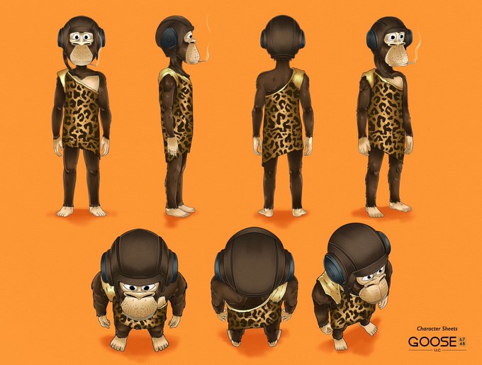 Character sheet showing multiple angles of a 3D model: a gorilla wearing headphones and a leopard-print tunic, credited to 'GOOSE LLC' in the corner.