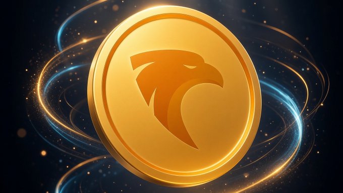 A digital illustration of a golden coin featuring an eagle's head emblem, set against a dark cosmic background with swirling blue and gold energy streams.