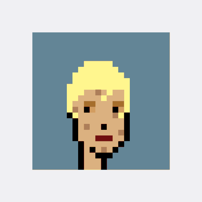 A pixel art portrait of a person with short blonde hair, dark eyebrows, and a tan complexion against a solid blue background.