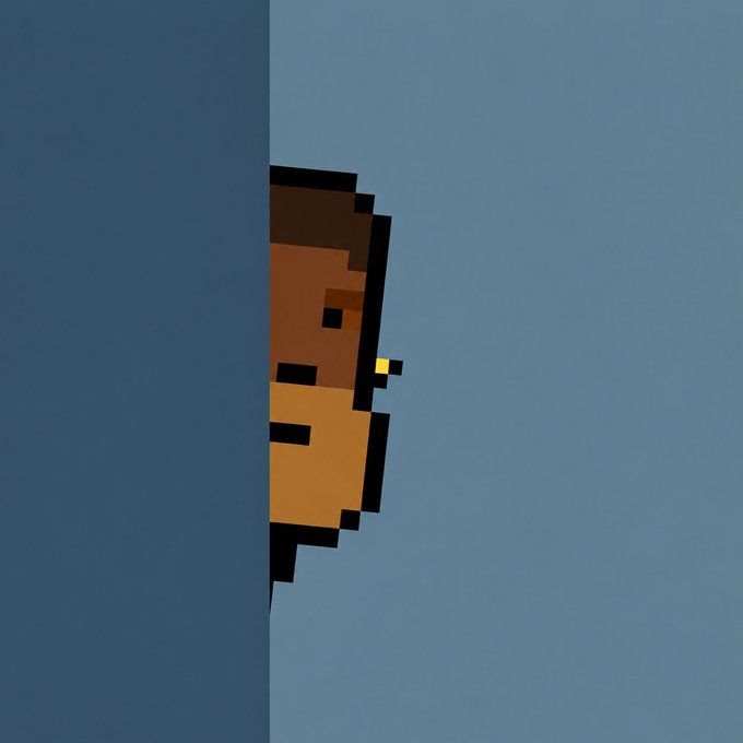A pixelated illustration of a character peeking out from behind a gray wall, showing only a portion of their face and upper body.
