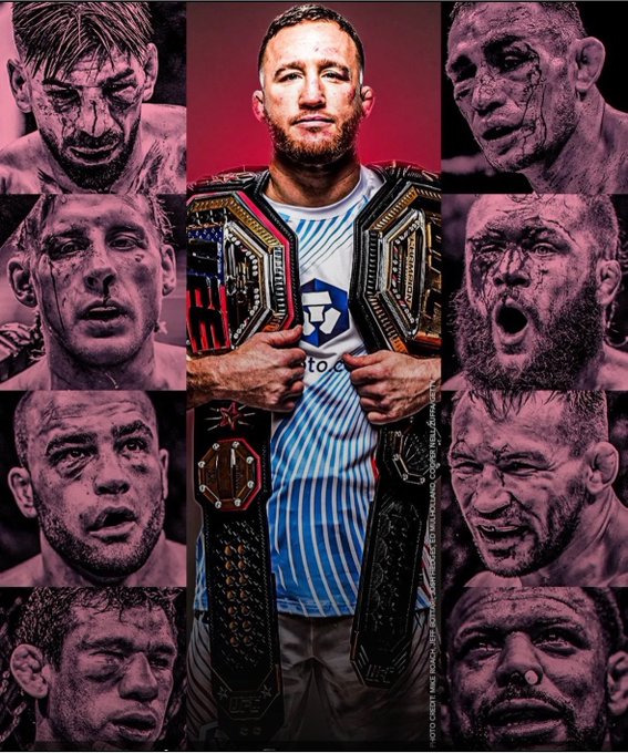 A collage image features MMA fighter Justin Gaethje holding two championship belts in the center, surrounded by battered portraits of other fighters.