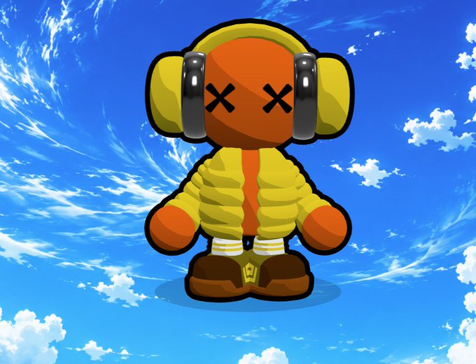 A cartoon character resembling a 'deadmau5'-style figure with X-shaped eyes and yellow headphones, wearing a yellow outfit, set against a blue sky with clouds.
