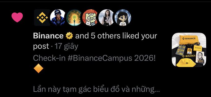 An Instagram notification showing that 'Binance and 5 others liked your post' 17 days ago for a 'BinanceCampus 2026!' check-in, with a Binance merchandise bundle displayed as the post preview.