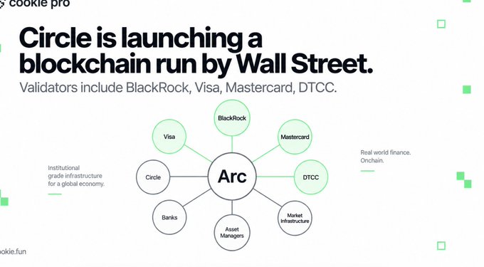 The image is a promotional graphic from Cookie.fun announcing Circle's new blockchain called "Arc," which is described as "institutional-grade infrastructure for a global economy" and "real world finance, onchain." It features a network diagram centered on Arc with connected nodes representing major validators and partners including BlackRock, Visa, Mastercard, DTCC, Banks, Asset Managers, and Market Infrastructure, reinforcing the post's point about the project being backed by heavyweight Wall Street institutions.