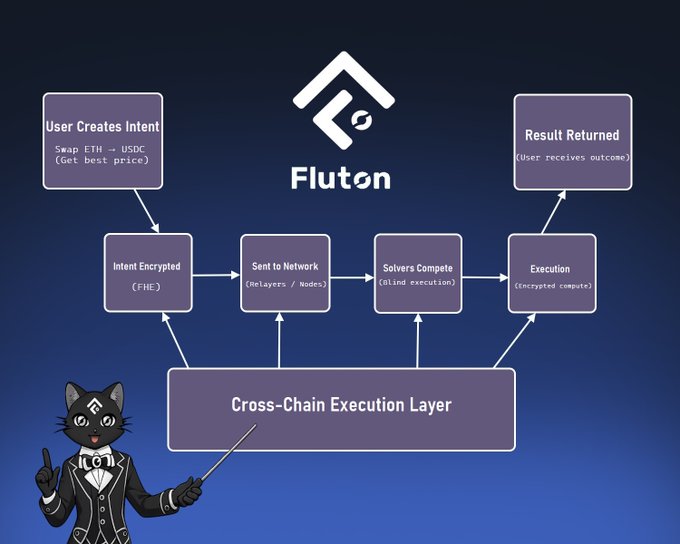 A diagram explaining the Fluton network's intent-based execution process, showing steps from 'User Creates Intent' (Swap ETH → USDC for best price) through FHE encryption, network relay, solver competition, and encrypted execution, supported by a 'Cross-Chain Execution Layer', with a cartoon cat mascot in a tuxedo.