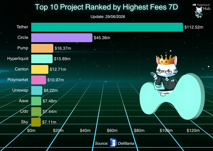 A bar chart titled "Top 10 Project Ranked by Highest Fees 7D" (updated 29/06/2026) shows Tether leading at $112.52M, followed by Circle ($45.36M), Pump ($16.37M), and Hyperliquid at #4 with $15.89M in 7-day fees. The chart, sourced from Defillama and branded by Hyperliquid Hub, visually highlights Hyperliquid's top-tier fee generation among major DeFi protocols.