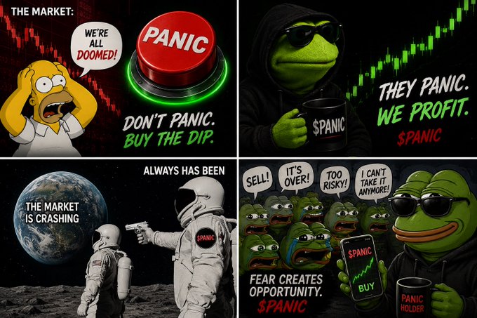 A four-panel meme uses characters like Homer Simpson and Pepe the Frog alongside astronauts and sad frogs to promote panic-selling and buying the dip, featuring text like "THE MARKET:", "PANIC", "DON'T PANIC. BUY THE DIP.", and "THEY PANIC. WE PROFIT."