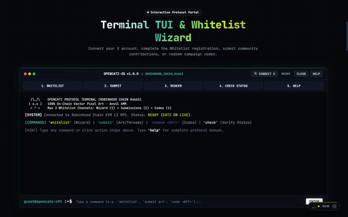 A terminal interface for "Terminal TUI & Whitelist Wizard" at OPENRCATZ-Q5 v1.0.0 displaying protocol status "READY (CATZ ON LIVE)" with whitelist, submit, redeem, check, and help options, contradicting the post's claim that this is the wrong terminal since the image itself shows this is the active OpenCatz minting interface connecting to Robinhood Chain EVM L2 RPC.