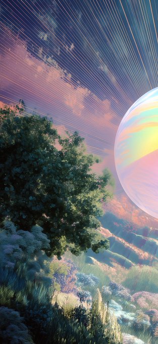 A surreal digital artwork depicts a pastel-colored landscape with a tree, flowers, and a large iridescent planet under a pink and blue sky filled with streaking star trails.