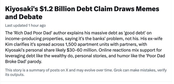 A news headline reads "Kiyosaki's $1.2 Billion Debt Claim Draws Memes and Debate," detailing how the 'Rich Dad Poor Dad' author describes his massive debt as "good debt" on income-producing properties. The post connects this to Kiyosaki's public advocacy for crypto, suggesting his leveraged investment approach likely extends to his bullish $100K ETH and $1M Bitcoin predictions.