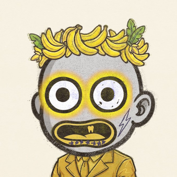 An illustration of a stylized character with a banana crown, large round eyes with yellow glowing halos, and gold teeth in an open mouth.