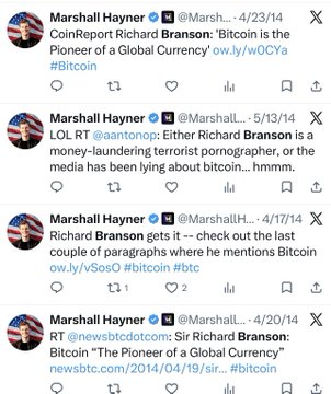 A series of four tweets from Marshall Hayner (@Marshall...) dated 2014, with headlines discussing Richard Branson and Bitcoin, including 'CoinReport Richard Branson: "Bitcoin is the Pioneer of a Global Currency"' and references to 'Sir Richard Branson' and 'The Pioneer of a Global Currency'.
