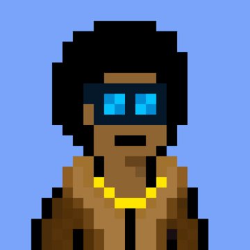 Pixel art of a person with dark hair, sunglasses, and gold chain on a blue background.