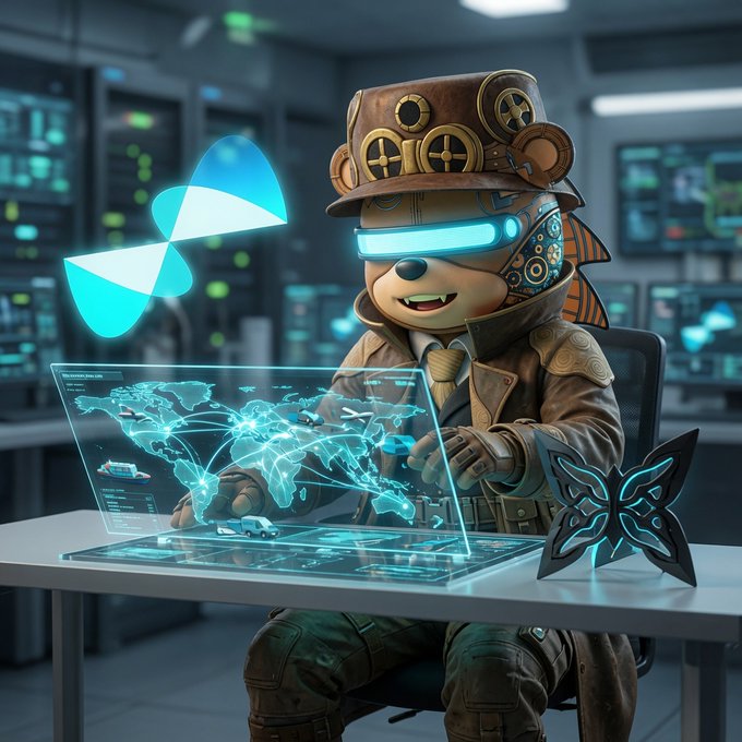 A steampunk-styled raccoon character wearing a leather cap and glowing cyan visor sits at a futuristic command desk, interacting with a holographic world map and logistics interface, with "$QUIP" branding and quantum-themed symbols glowing nearby—visually echoing the post's mention of @quipnetwork's quantum routing testnet results for FedEx and DHL.