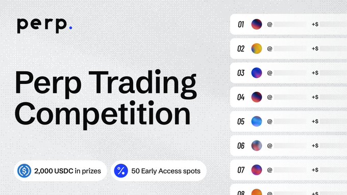 A promotional graphic for the "Perp Trading Competition" featuring the perp. logo, highlighting 2,000 USDC in prizes and 50 Early Access spots, alongside a leaderboard showing the top 8 ranked entries with pseudo-anonymous user avatars. The image visually reinforces the post's call to action by displaying the competition's ranking structure and prize details that traders can compete for.