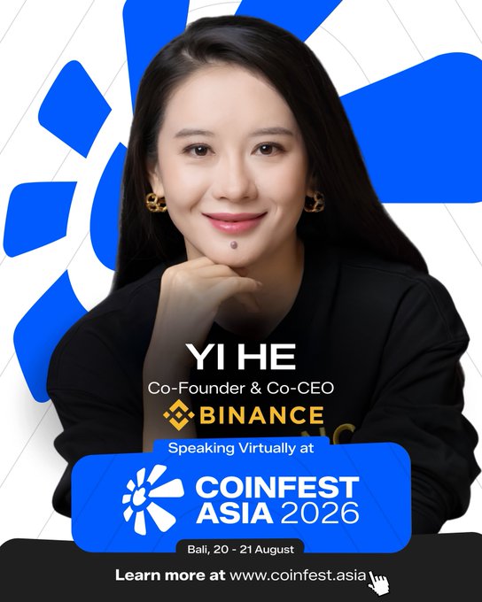 A promotional graphic featuring Yi He, Co-Founder & Co-CEO of Binance, announcing her virtual speaking appearance at Coinfest Asia 2026 in Bali on August 20-21, with the event's logo and website (www.coinfest.asia) displayed below.