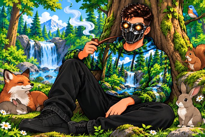 A cartoon-style illustration of a young man wearing a nature-patterned hoodie and a glowing mask, smoking a pipe while sitting in a lush forest with a fox, squirrels, a rabbit, and a bird.