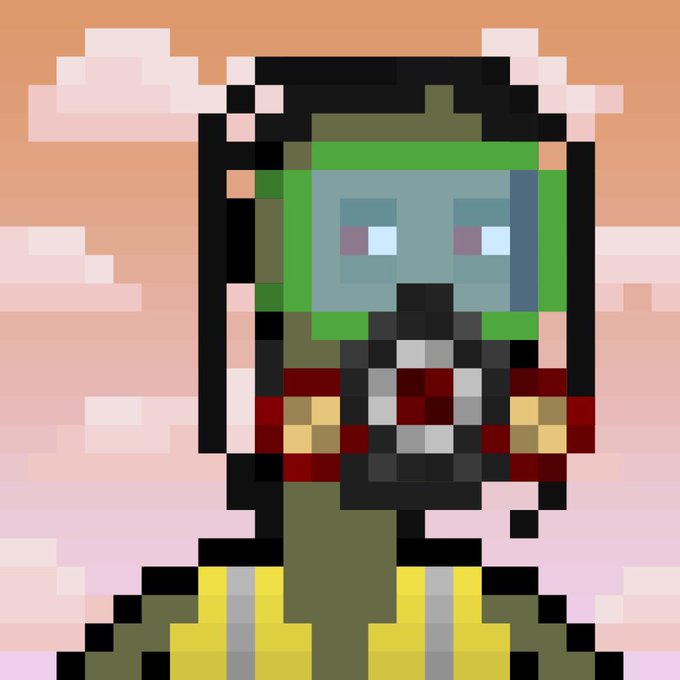 A pixel art portrait of a character with long black hair, wearing a green and yellow outfit and a black gas mask, set against a pink and orange sky. This appears to be a 1/1 (one-of-one) NFT artwork, as referenced in the post, likely depicting a character chosen from the user's collection.