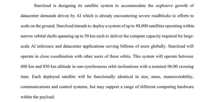 Text excerpt describing Starcloud's satellite system plans, including deployment of up to 88,000 satellites in sun-synchronous orbit between 600 km and 850 km altitude for AI-driven datacenter applications.