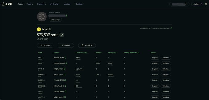 Screenshot of a UniFi wallet interface showing 'Assets' with a balance of '573,303 sats' and various tokens listed including UNI, SATS, USDC, PHIG, KOSHI, BURGER, Thala, and MODE.