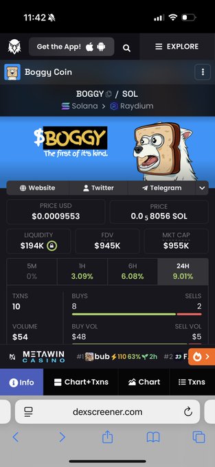 A DexScreener mobile view of 'BOGGY COIN' (BOGGY/SOL) on Solana/Raydium, showing a price of $0.0009553 (0.0008056 SOL), FDV $945K, MKT CAP $955K, and a 24H gain of 9.01%.