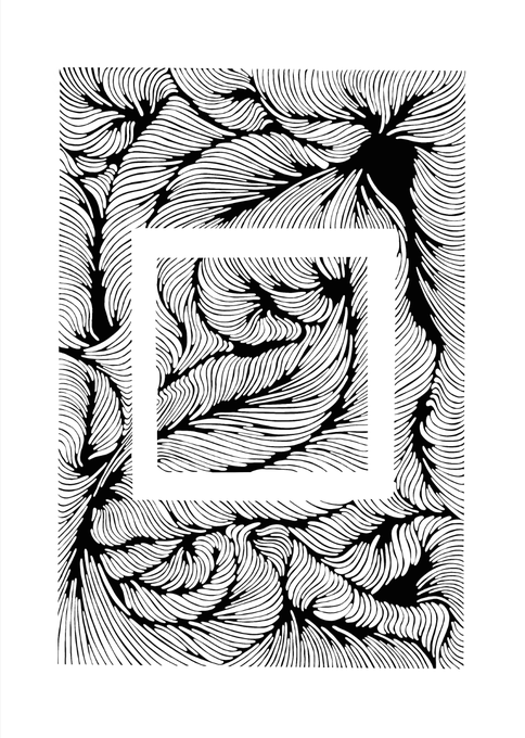 Black and white abstract illustration featuring swirling, wavy line patterns within a frame-within-a-frame composition.