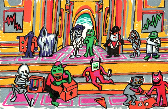 A vibrant, colorful hand-drawn illustration depicting various cartoon characters including a skeleton, a green frog-like figure, and a red devil dancing in a room with stock market charts on the walls.