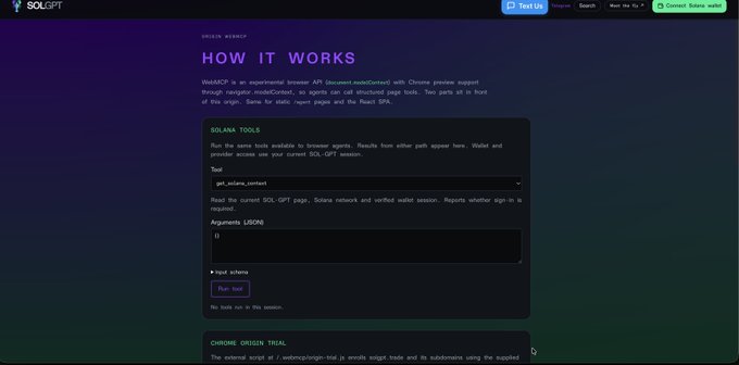 A screenshot of the SOLGPT web interface showing the 'How It Works' section with Solana tools for browser agents.